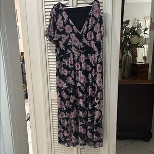 Black Maxi Dress with Lavender Floral Print and V-Neck Wrap
